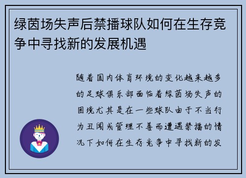 绿茵场失声后禁播球队如何在生存竞争中寻找新的发展机遇